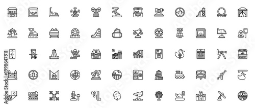 Theme parks icon set. Vector amusement park icons collection. Includes roller coaster, ferris wheel, haunted house, bumper car, swing, slide, tickets, popcorn, cotton candy and more. Editable stroke.