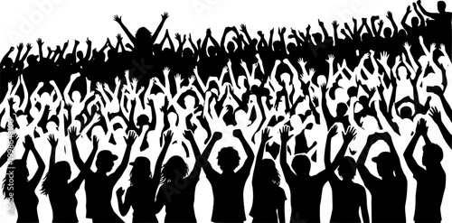 Black Vector Silhouette Concert Crowd Raised Hands Summer Music Festival Audience Stage Entertainment Live Show Isolated White Background