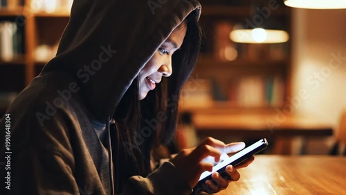 Young woman wearing hoodie intensely using smartphone at night