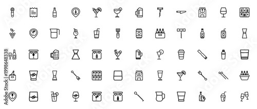 Bar icon set. Minimal vector icons pack for bar, cocktail, and drink service. Includes bottle opener, corkscrew, shaker, jigger, whiskey, beer, cocktail, juice, and more. Editable stroke.