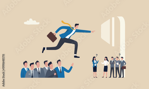 Career competition together people get to goal, take advantage of coworker to success, selfish businessman jump over other people to achieve target