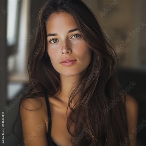 Model woman, 24 years old, German, natural beauty, long brown hair, athletic slim body, lifestyle photography with warm tones.