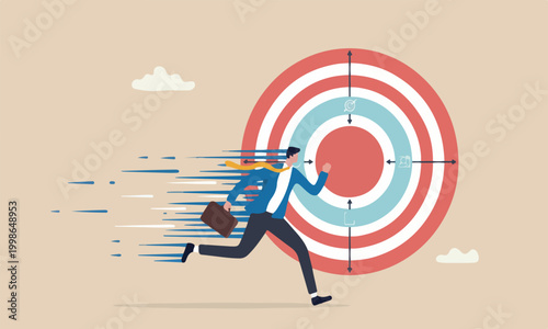 Agile company red big bullseye target management concept, smart businessman running fast with agility effect on circular agile cycle workflow.