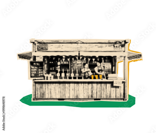 Draft beer stall halftone collage eleement. Beer kiosk scrapbook cutout sticker.