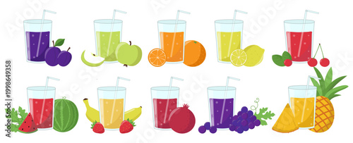 Fresh fruit juice set with glasses and fruits, healthy drink collection, vector