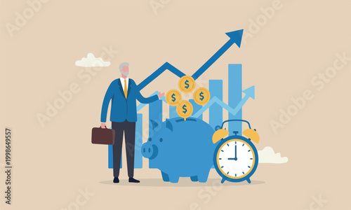 Pension elderly adult, earning or profit, future value or growth for retirement planning concept, senior piggybank with alarm clock.