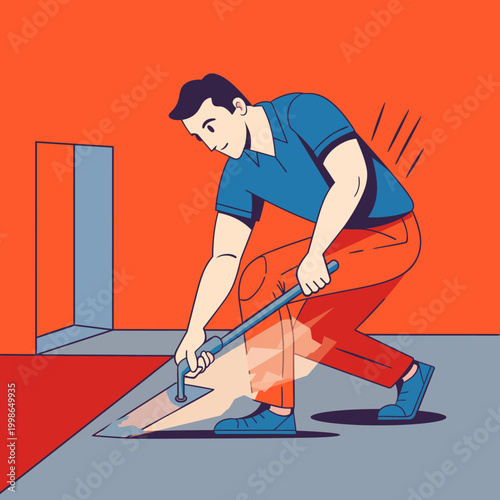 Man with back pain struggles during a home renovation project, carefully prying up old flooring with a crowbar. This illustration depicts the physical challenges of DIY tasks