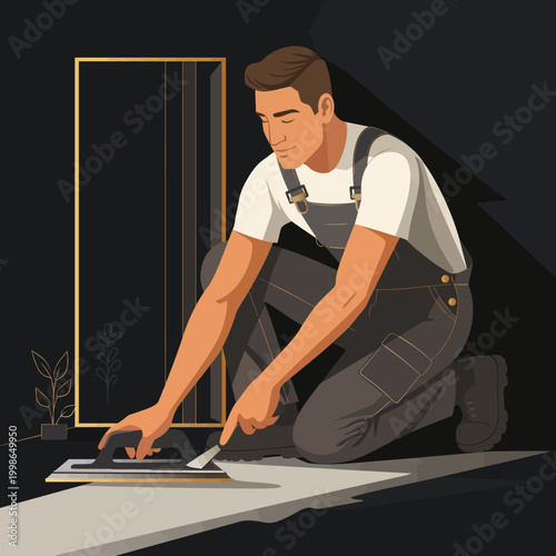 Skilled craftsman diligently performing tiling work during home renovation, ensuring professional quality in construction project