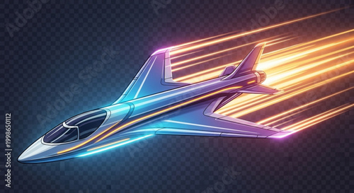 A sleek futuristic fighter jet with neon lights flying fast on a transparent background with motion blur