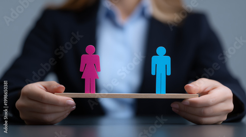 A businesswoman holding gender symbols on a balanced platform representing workplace equality, inclusion, and fair opportunity.
