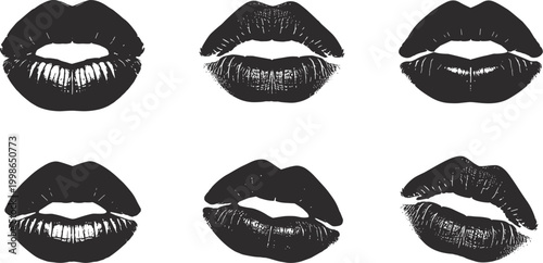 Six black and white stylized lipstick kiss prints on a white background mouth
