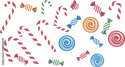 Assorted christmas candies and swirled lollipops in red green blue and orange candy cane candy