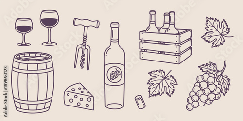 Wine tasting including glasses barrel corkscrew bottle cheese grapes and crate