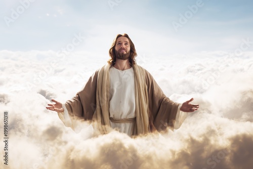 A man with long hair and beard standing amidst fluffy clouds with open arms during daytime