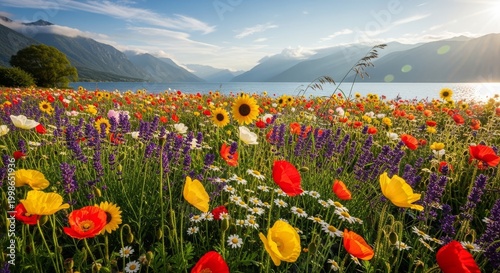 Vibrant Wildflower Field Overlooking Mountain Lake.