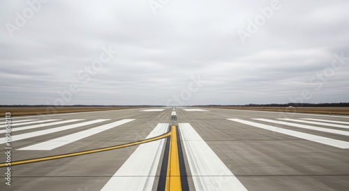 Long Airport Runway View With White Centerline Markings And Sky.