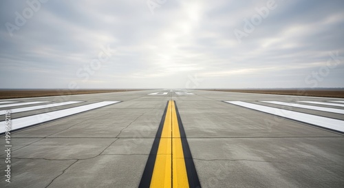 Aerial view of empty runway with bold yellow centerline.