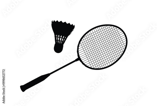 Badminton shuttlecock and racket depicted in a striking black silhouette high quality