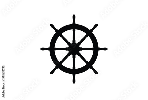 A stark black ship s wheel against a white background a dramatic silhouette