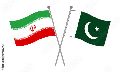 Fotografi Iran and Pakistan crossed national flags on flagpoles representing diplomatic re
