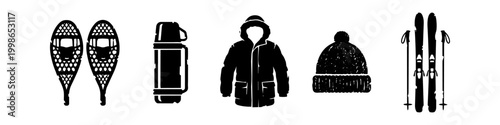 Black Silhouette Set of Winter Outdoor Gear and Sports Equipment including Skis, Snowshoes, Parka, Knit Hat, and Thermos Flask