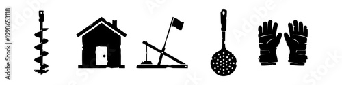 Ice Fishing Equipment Silhouette Icon Set Featuring Auger, Shanty, Tip-up, Skimmer, and Gloves for Winter Fishing Recreation and Outdoor Sports Design