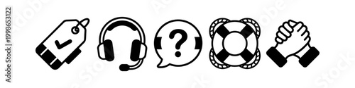 Set of Customer Support and Service Icons including Headset, FAQ Speech Bubble, Lifebuoy, Pricing Tag, and Handshake - Flat Outline Business Communication Design