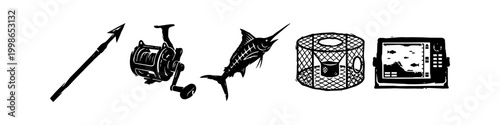 Black and White Woodcut Style Fishing Gear Illustrations Featuring Harpoon, Fishing Reel, Marlin Fish, Crab Trap and Fish Finder Device