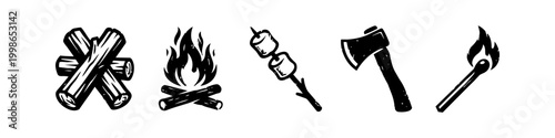 Set of Hand Drawn Camping Icons Including Firewood Campfire Roasted Marshmallows Axe and Lit Matchstick Isolated Vector Illustration for Outdoors and Adventure Branding