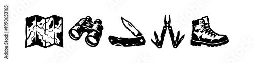 Outdoor Adventure Gear Illustration Set: Hiking Boot, Binoculars, Map, Pocket Knife, and Multi-tool Icons in a Rustic Woodcut Style - Black and White Vector Clip Art for Camping and Exploration