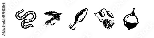 Vintage Hand Drawn Fishing Tackle and Lures Set Vector Illustration of Earthworm Fly Spoon Spinnerbait and Bobber Icons for Outdoors Enthusiasts