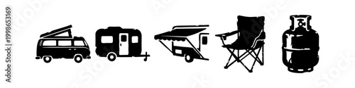 Camping and Caravan Equipment Silhouettes: Set of Camper Van, Travel Trailer, Awning, Folding Chair, and Propane Gas Tank Icons Isolated on White Background