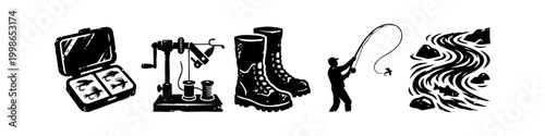Set of Vintage Fly Fishing Stencil Icons Featuring Tackle Box, Fly Tying Vise, Wader Boots, Fisherman Casting Silhouette, and a Mountain Stream River Landscape with Trout Fish.