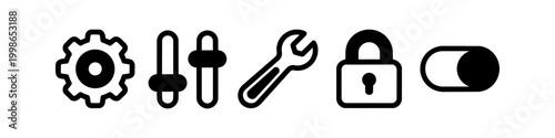 Set of Minimalist Black and White User Interface Icons Featuring Gear Cog, Adjuster Sliders, Wrench Tool, Security Padlock, and Toggle Switch for Web and Mobile App Design