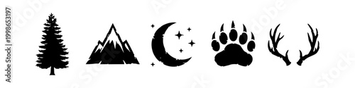 Outdoor Wilderness Silhouette Collection Featuring Pine Tree, Mountain Range, Crescent Moon and Stars, Bear Paw Print, and Deer Antlers for Rustic Design