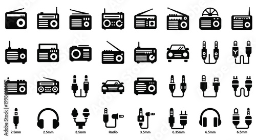 Audio equipment icons, music symbols, sound devices, 40 black line icons