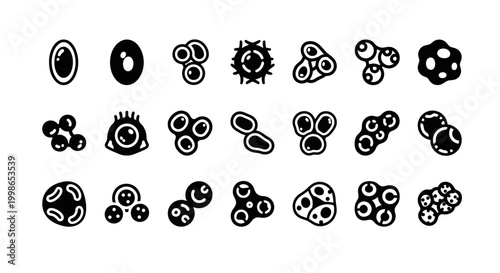 Black cell, biology, microbiology, microorganism, bacteria, virus icons, 20 cell biology symbols, black and white vector graphics