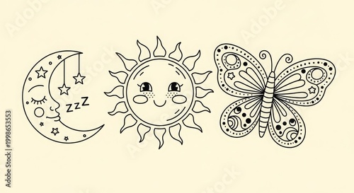 Whimsical Moon Sun and Butterfly Line Art.
