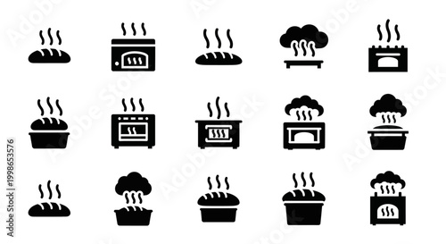 Black icons of baking, cooking and grilling, kitchen utensils and appliances, 16 silhouette graphics