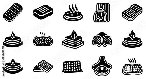 grill, barbecue, cooking icons, 16 black and white vector symbols