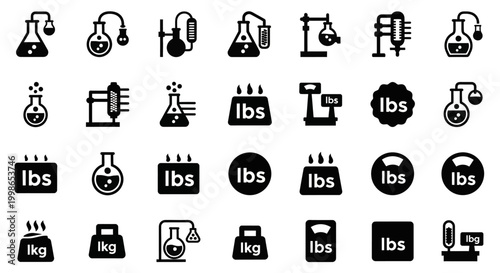 Science, laboratory, chemistry icons, 25 black and white symbols, weight measurement, educational illustrations