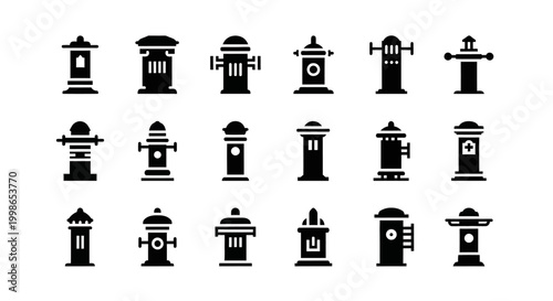 Fire hydrant icons, black silhouette symbols, water supply signs, emergency service markers, 20 fire hydrant graphics