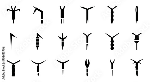 Screw, bolt, nut, and fastener icons, black silhouette symbols, 20 vector graphics, industrial hardware set