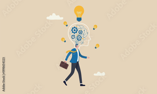 Intelligence, wisdom fall in genius brain, creative mindset or emotional intelligence, smart thinking or psychology concept, smart man turn on lightbulb idea inside his genius head