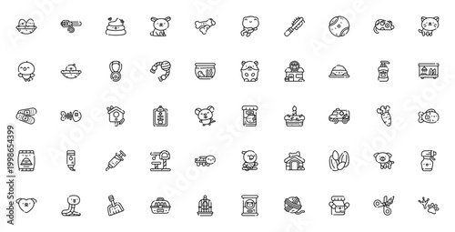 Pet Shop icon set. Vector illustration of pet care, supplies, and animals including dog, cat, bird, fish, rabbit, turtle, snake, food, toy, cage, and more.