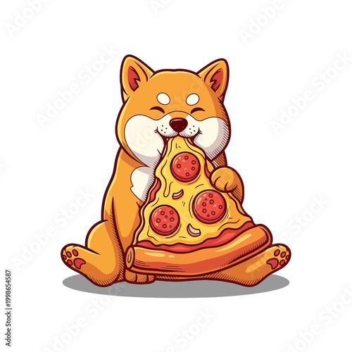 A cute cartoon Shiba Inu dog happily eating a large slice of pepperoni pizza.