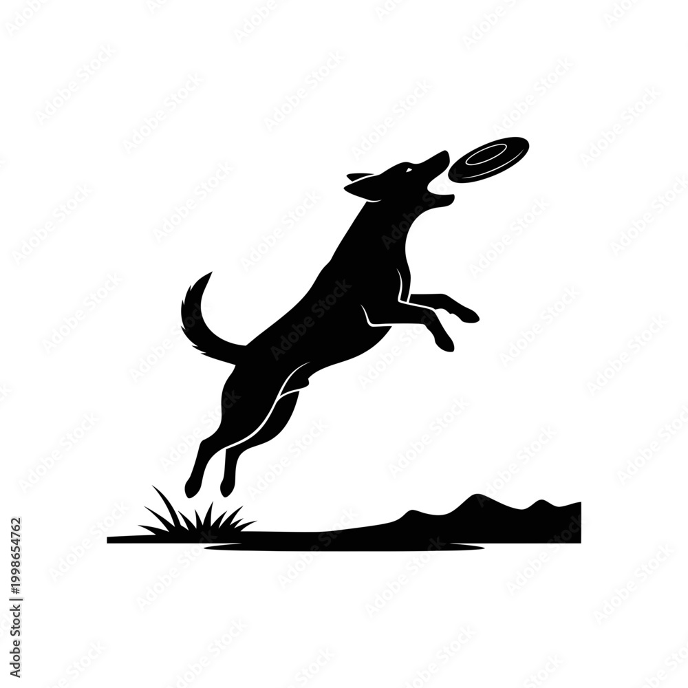 Fototapeta premium Black dog leaping joyfully over grassy obstacle in minimalist silhouette