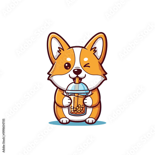 A cute cartoon corgi dog winking while happily drinking bubble tea with a straw.