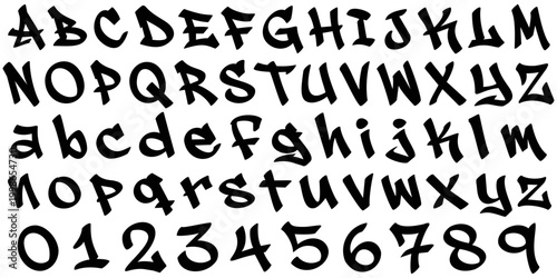 Graffiti letters alphabet drawings characters numbers art with cool black simple uppercase lowercase fonts and lettering vector on transparent background