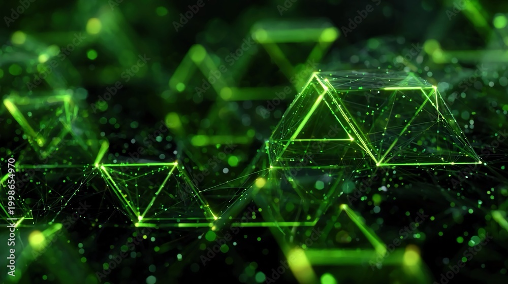 Obraz premium Abstract green tech geometric background with digital network overlays, futuristic design elements, eco-innovation patterns, and visually striking high-tech sustainability concept,